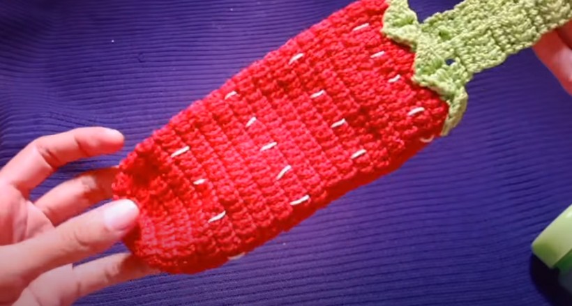 Crochet Bottle Holder With Strawberry Motif