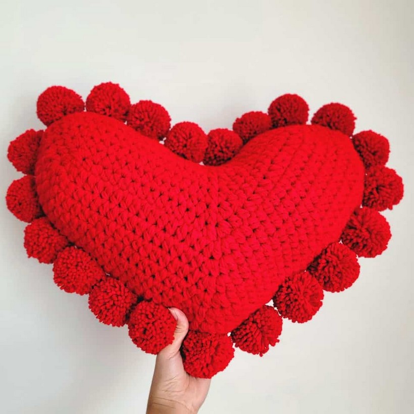Crochet Heart Cushion With Pompoms