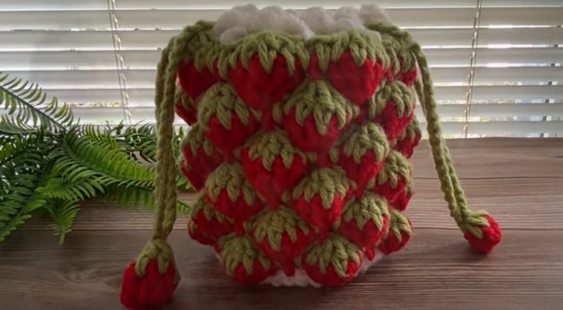Crochet 3d Strawberry Drawstring Bag