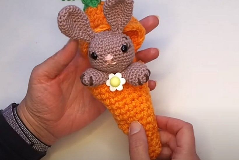 Crochet Carrot Toy Wrap With Daisy Button