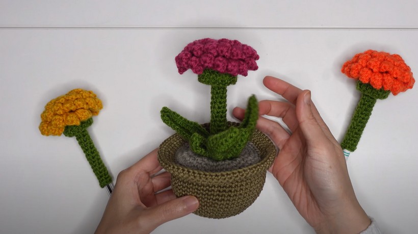 Crochet Marigold Flower In A Pot Ballpen Toppe