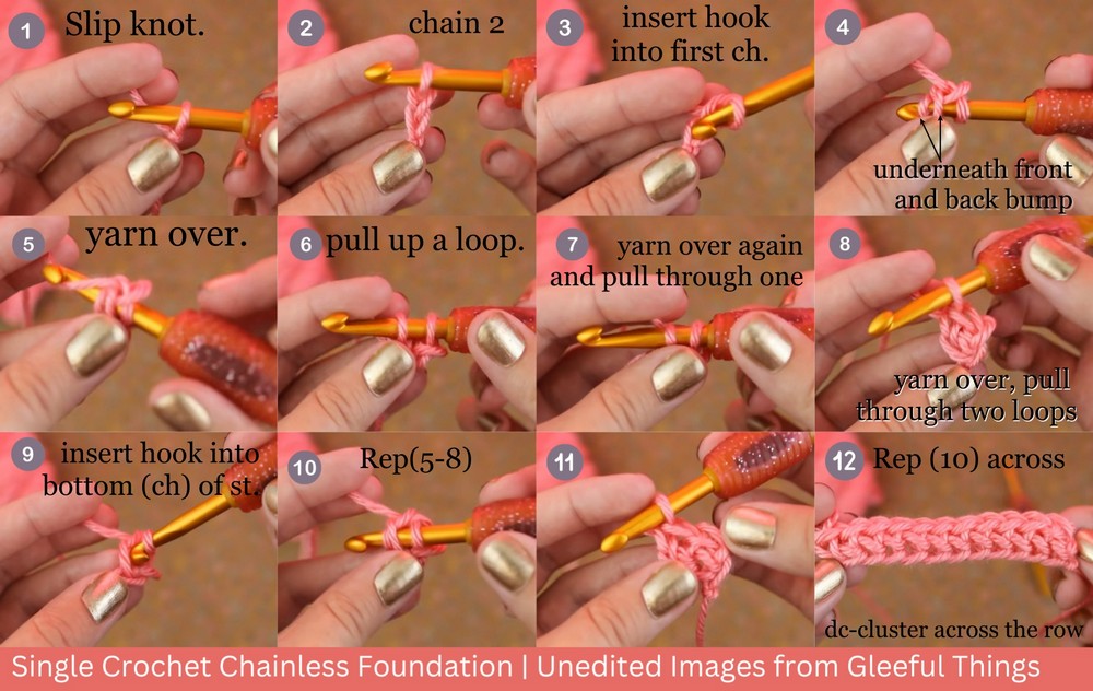 Single Crochet Chainless Foundation Step-by-Step Pictures