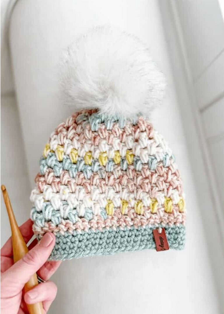 Easy Pom Pom Beanie Crochet Pattern Using Beautiful Colors