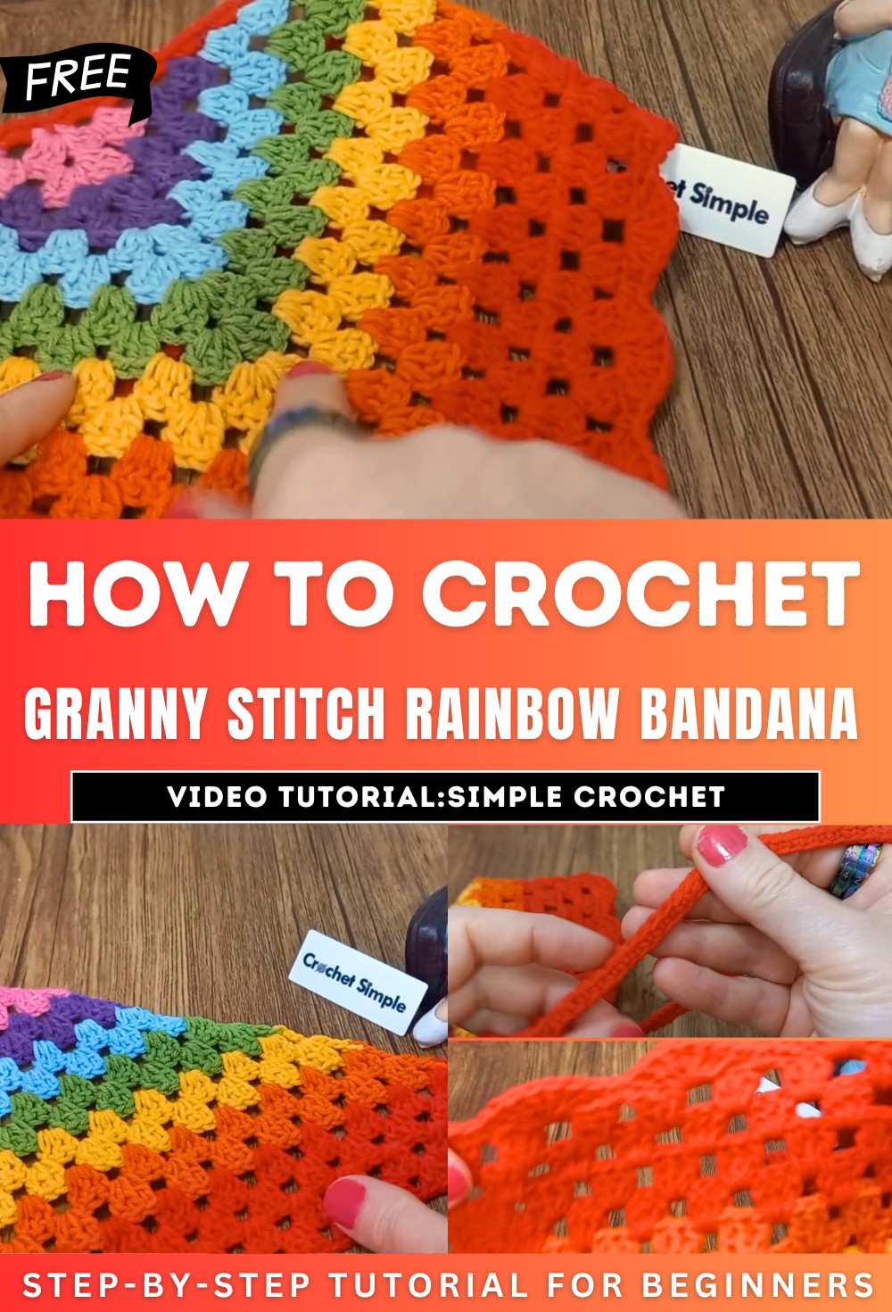 Crochet Granny Stitch Rainbow Bandana
