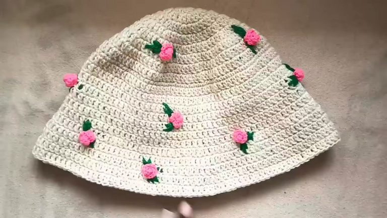 How to Crochet Rose and Leaves Bucket Hat -Embroidered Hat