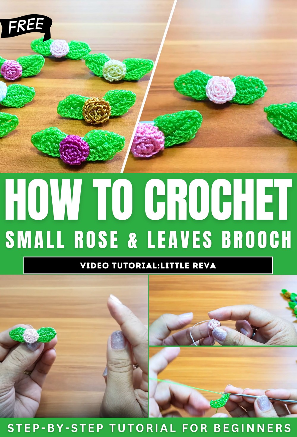 How to Crochet Small Rose & Leaves Brooch