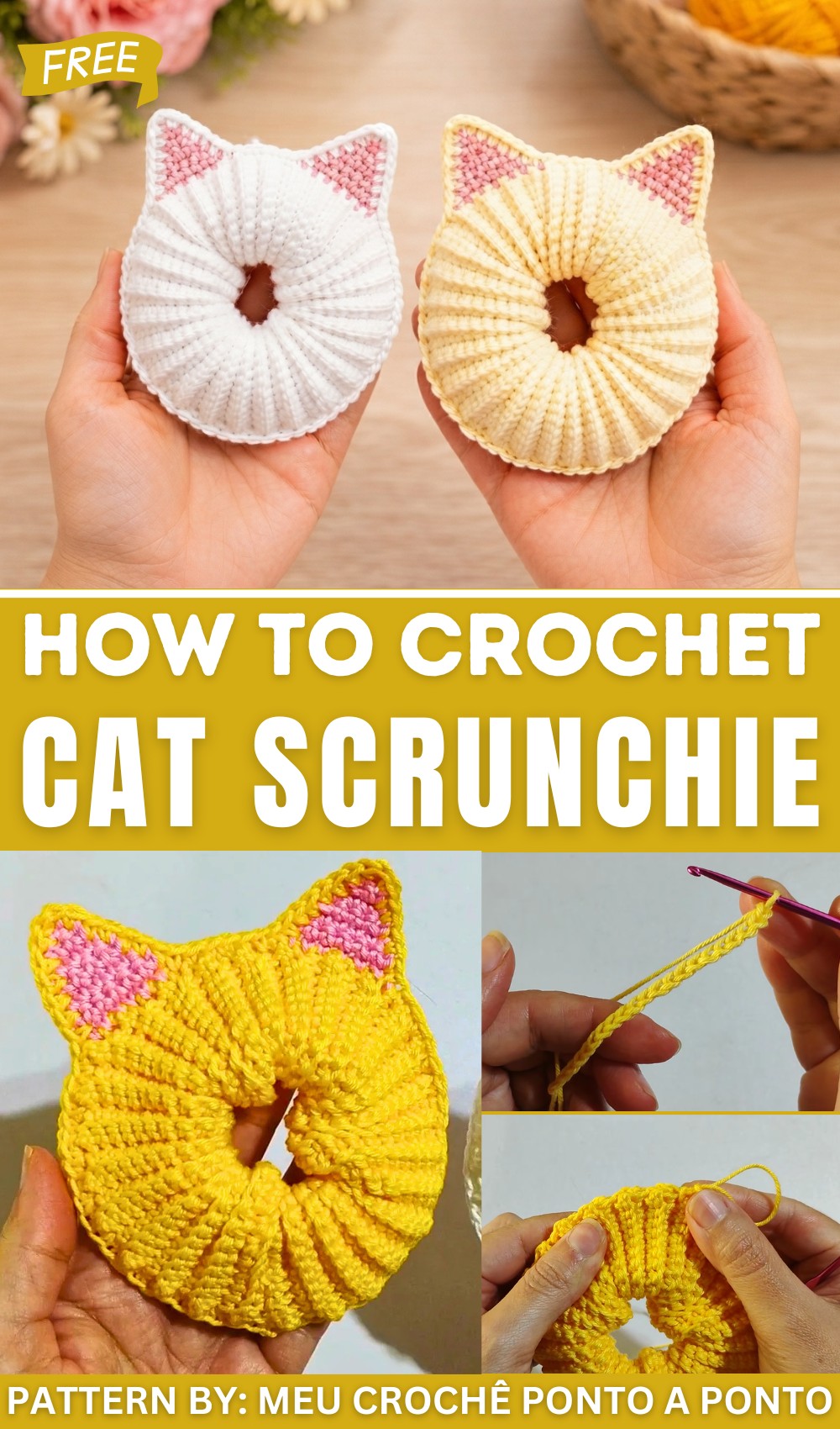 The Cutest Crochet Cat Scrunchie on YouTube! Easy Step-by-Step (1)