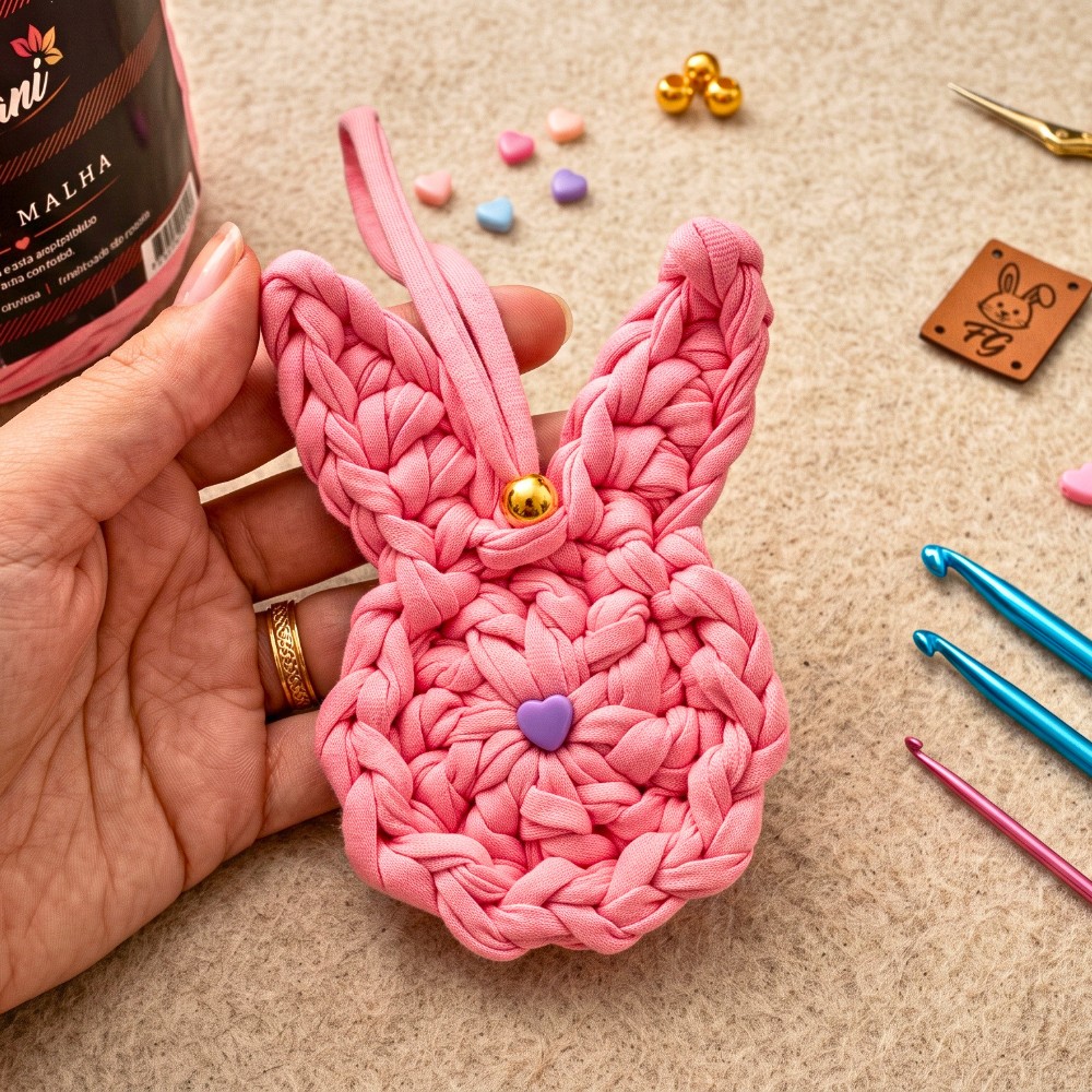 How To Crochet Rabbit Keychain With T-shirt Yarn 10