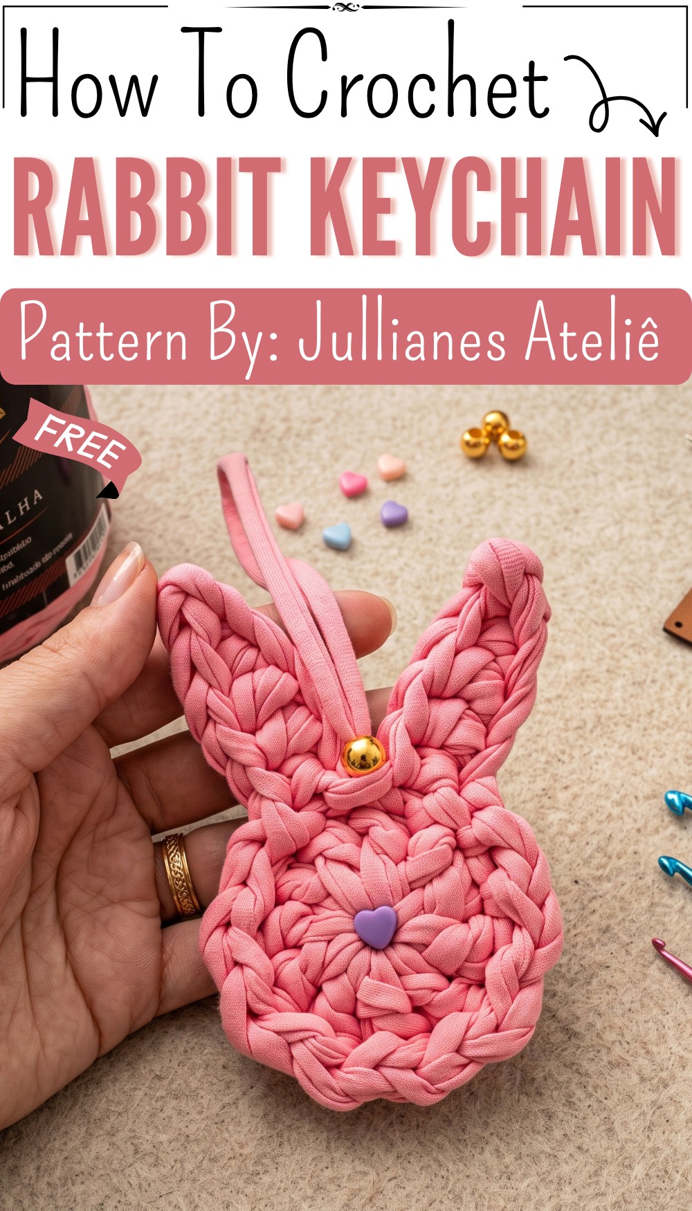 How To Crochet Rabbit Keychain With T-shirt Yarn 9