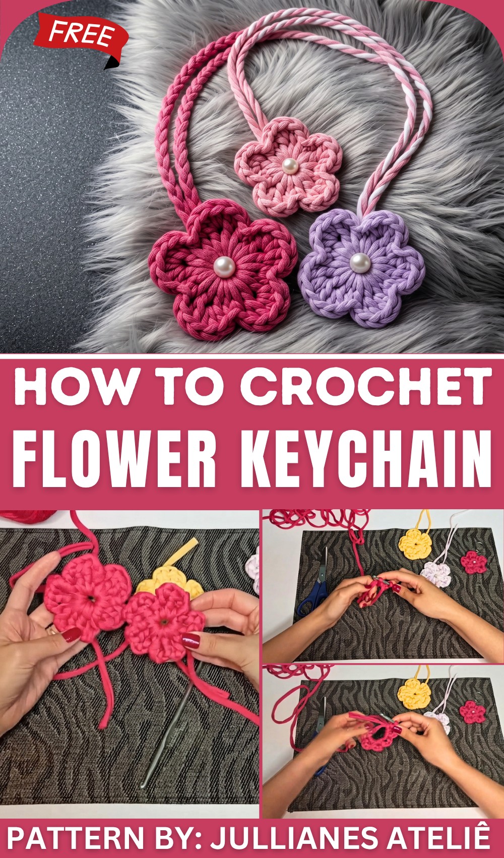 How to Crochet Flower Keychain Tutorial - 3 Designs 1